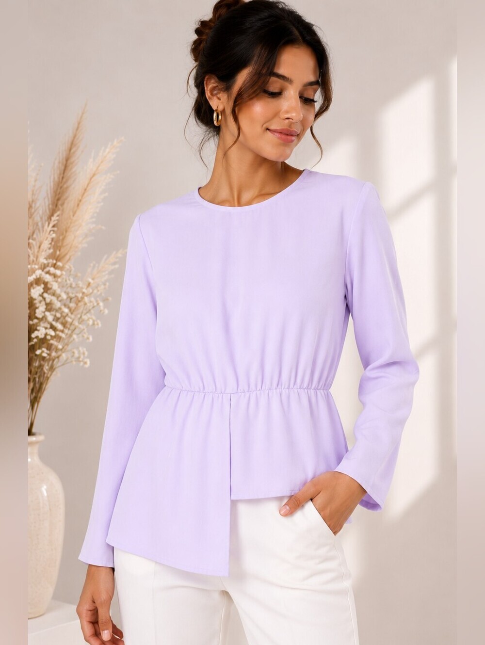 Women's Lavender Asymmetrical Peplum Blouse Long Sleeve US Size 6
